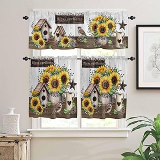 3 Pieces Kitchen Curtains Valance and Tiers Set - 36 Inch Length,Rustic Retro Wood Plank Bird Rod Pocket Drapes Short Window Treatment for Cafe Bathroom Bedroom,Country Bird Sunflower Pine Cone
