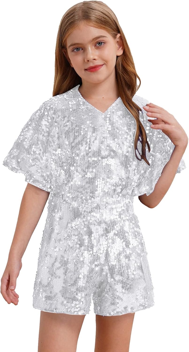 Girls V Neck Sparkle Rompers Cap Sleeve Sequins Dance Outfits Kids Dressy Casual Short Jumpsuit