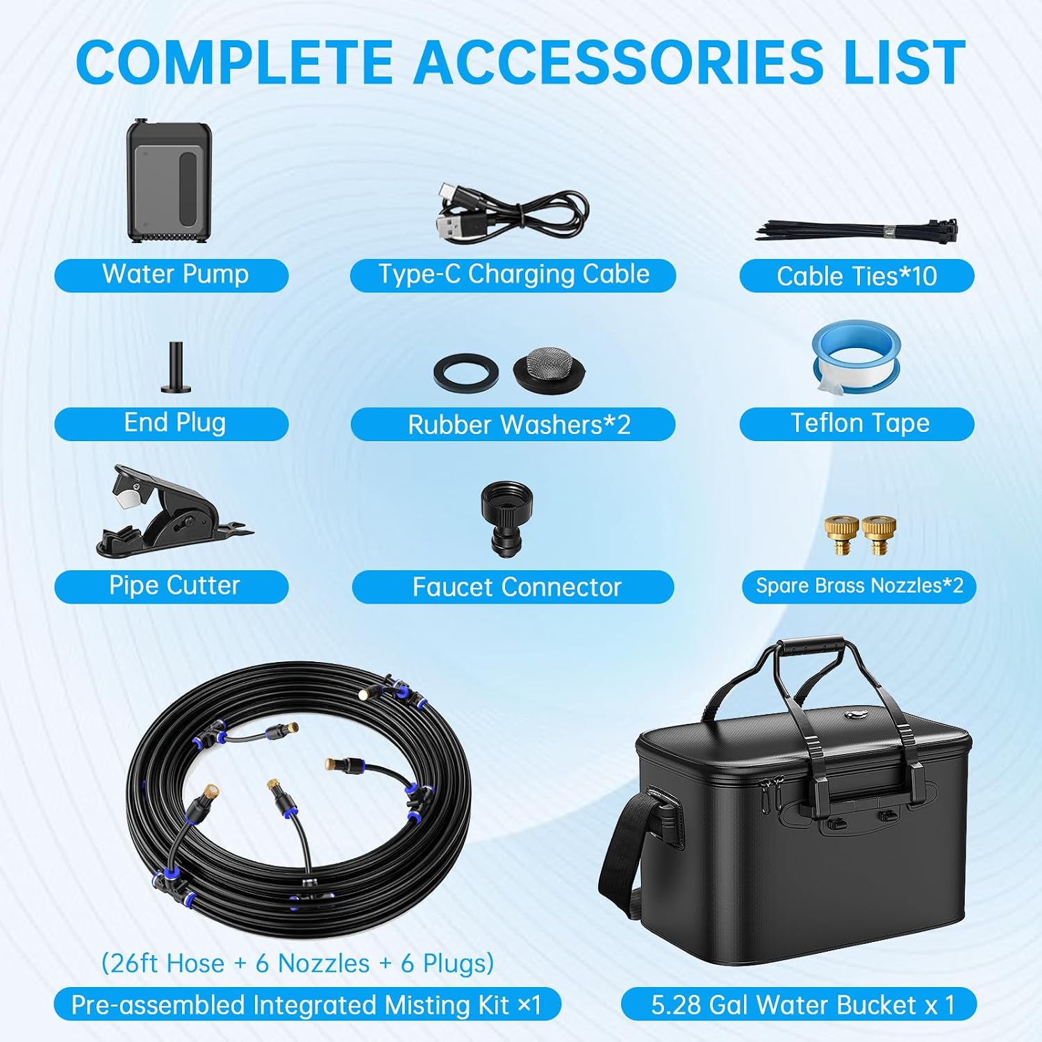 IGRL Portable Misting System, 26FT Pre-Assembled Outdoor Misters with 6000mAh Battery Pump & 20L Foldable Bucket for Golf Cart, Umbrella & Camping, Wireless Water Misting Kit for Outside Patio Cooling