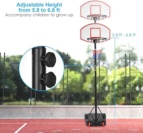 Miniatura 4 de GYMAX Aro de baloncesto, portería de baloncesto portátil ajustable de 7.1 a 8.1 pies con tablero trasero inastillable, 2 ruedas y redes, sistema de