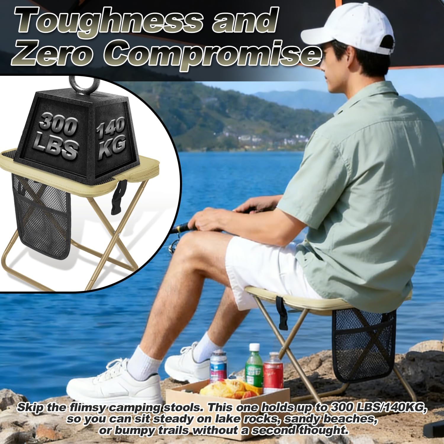 Foldable Backpack Stool for Adults - Portable Camping Stool with Sling Bag, 300lbs Capacity for Camping, Fishing, Hiking, Travel, Picnic (Khaki)