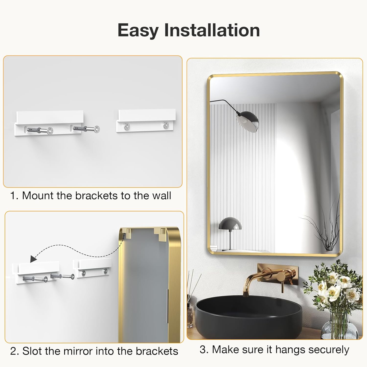 22x30 inch Gold Bathroom Mirror,Rounded Rectangle Gold Metal Framed, HD Tempered Glass, Horizontal or Vertical Hanging, Modern Bathroom Decor