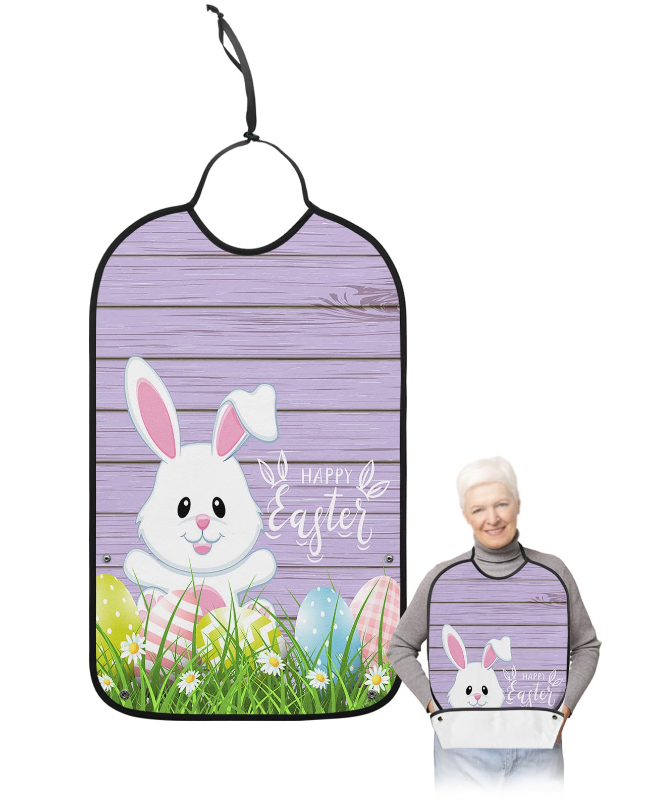 Purple Adult Bib for Eating with Crumb Catcher,Washable & Waterproof Terry Cloth Adjustable Elderly Women Men Bibs Funny Clothing Protector Easter Bunny Easter Eggs Rustic Rustic Wooden Green Plant