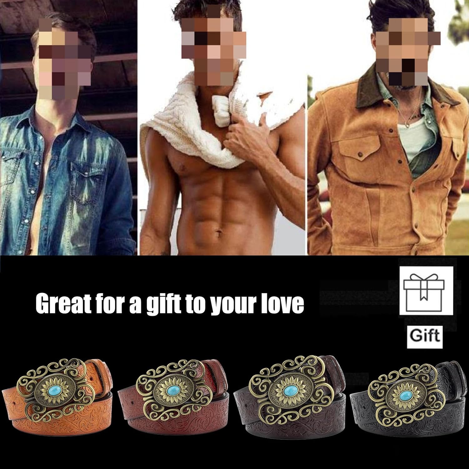Women's and Men's Belt Leather, Cowboy Belt Mens Turquoise Square Buckle Vintage Embossed Engraved Belt,Orange,105CM/41.3''
