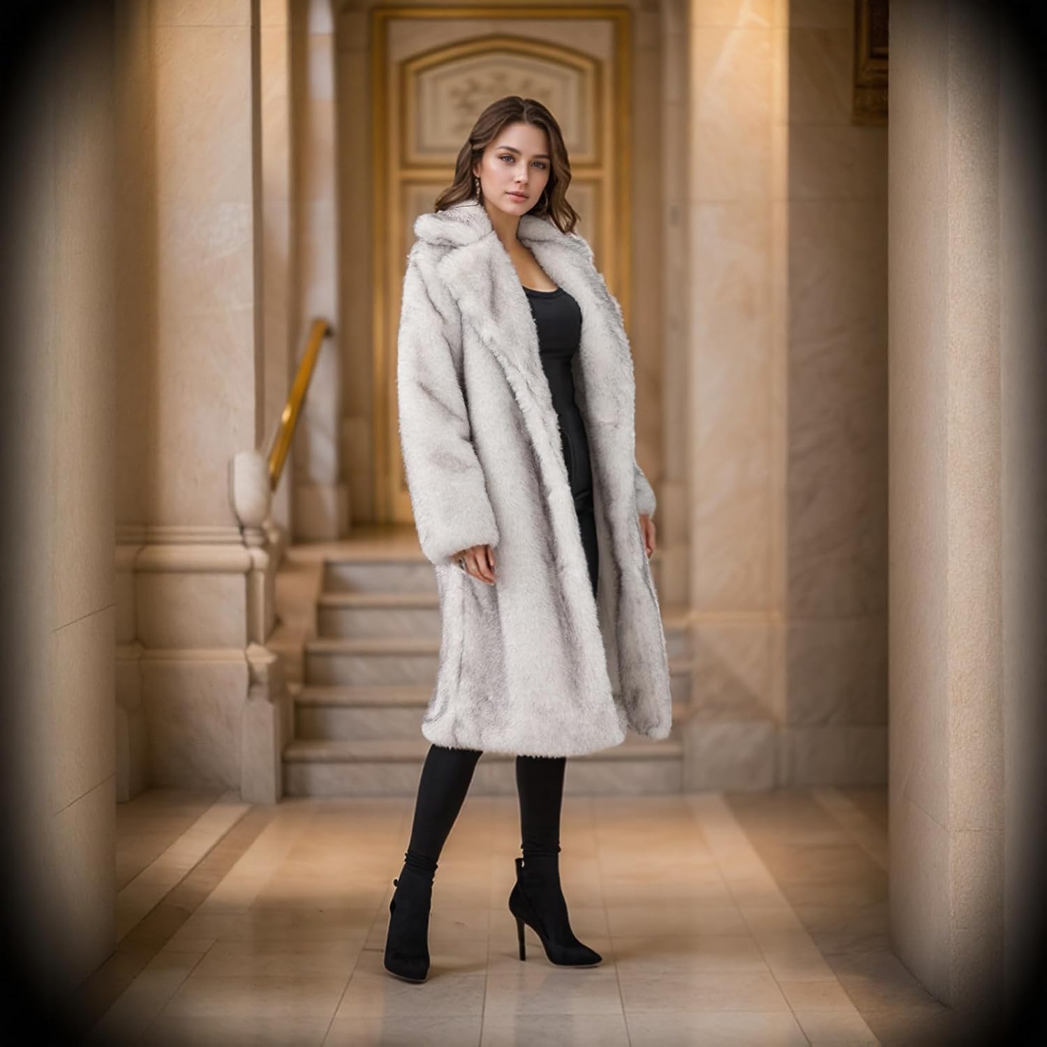 Lisa Colly Women's Winter Long Sleeve Lapel Shaggy Faux Fur Coat Fluffy Jackets Overcoat