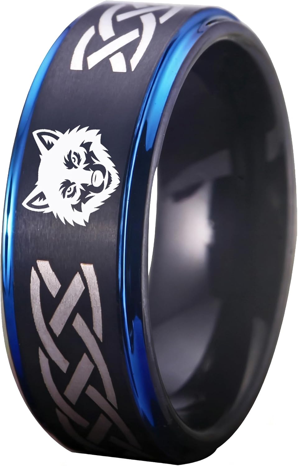 CLOUD DANCER 8mm Tungsten Carbide Ring | Celtic Knot & Wolf Head Engraved Wedding Band | Comfort Fit Promise Ring for Men | Scratch Resistant & Durable - FREE Custom Engraving