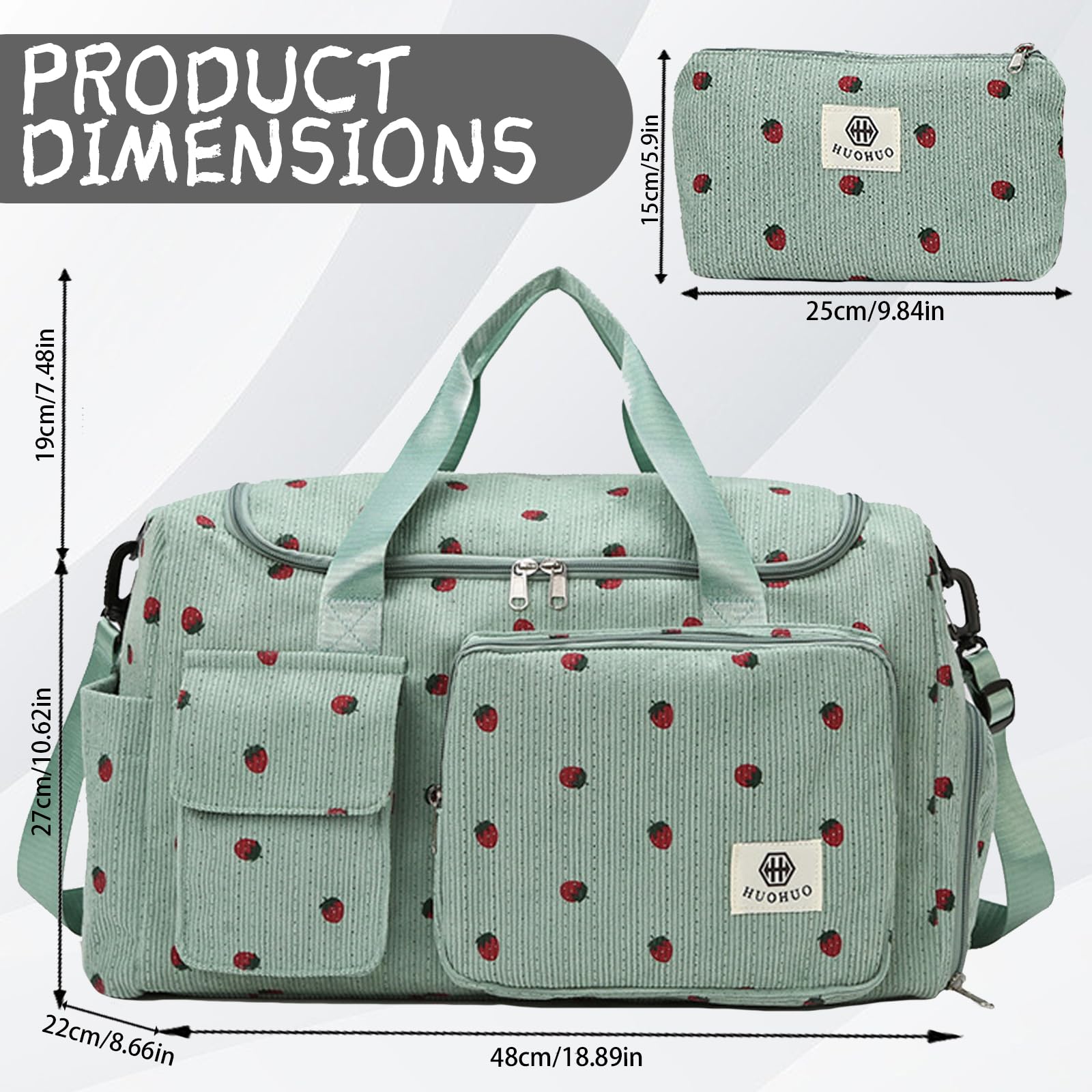 Bolsa de Deporte para Mujer, Pana Fresa Sporttasche con Compartimento para Zapatos, Compartimento y Billetera Pequeña para Mojados, Bolsa de Viaje für Viajar, Fitness, Deporte, 48x22x27 cm - 3