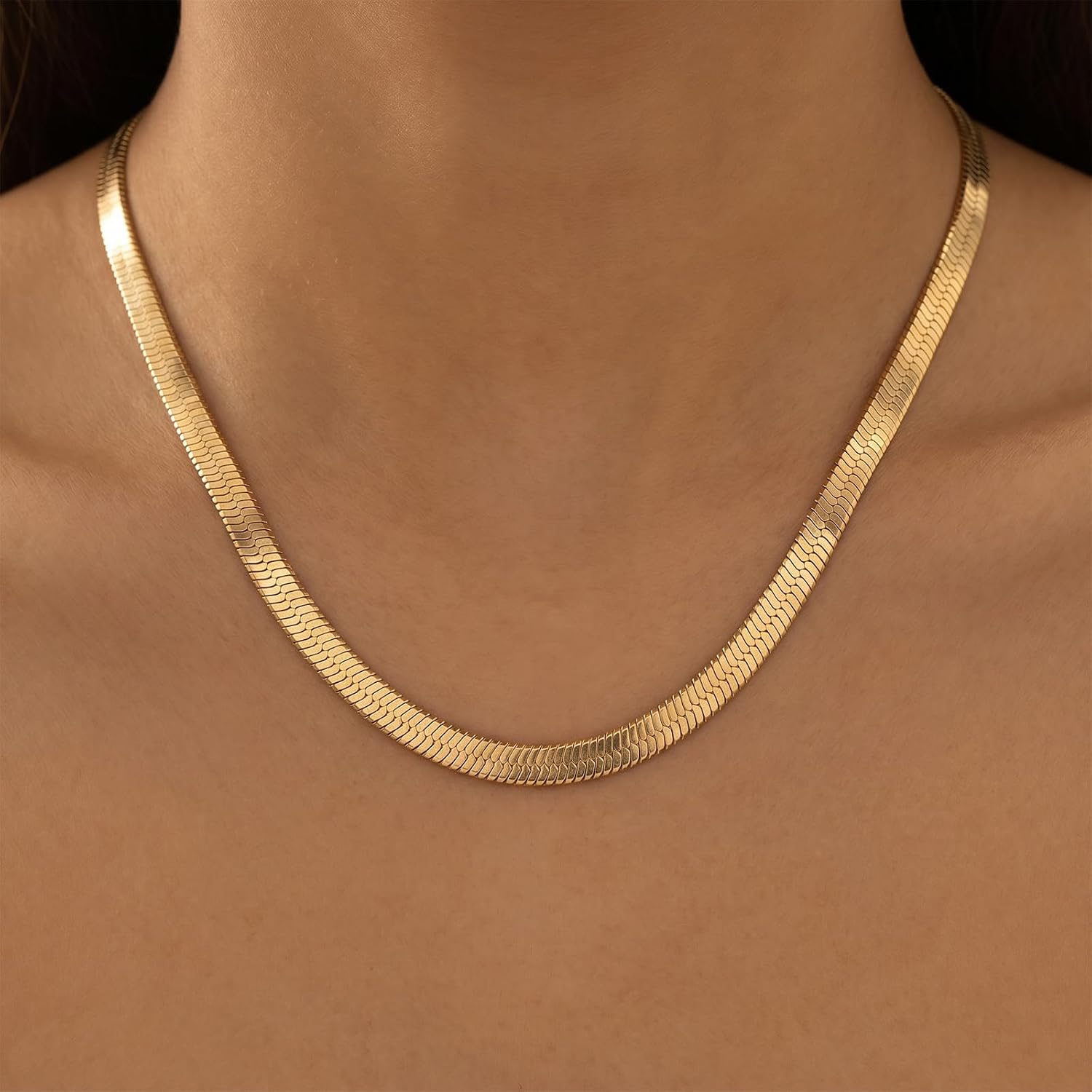 Herringbone Necklace for Women 14K Gold Plated Snake Chain Necklace Dainty Flat Snake Choker Trendy Simple Long Layered Chunky Cuban Link Chain Jewelry for Gifts Non Tarnish