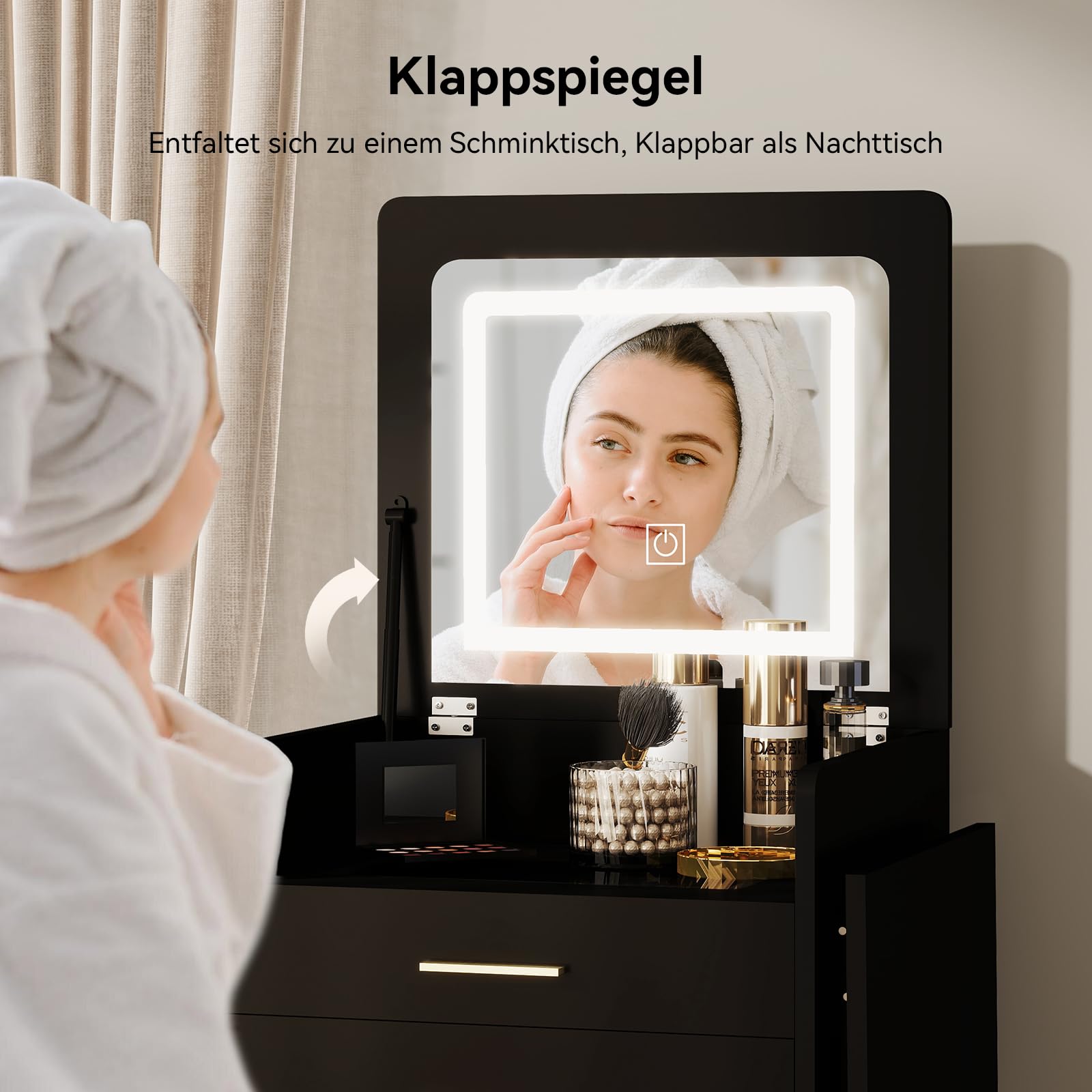 YU YUSING 3 in 1 Schminktisch mit Beleuchtung Spiegel, Klappbarer | 2 Schubladen, Glasplatte, Rollen Hocker, Eckschminktisch Kleiner Frisiertisch für Schlafzimmer, Schwarz