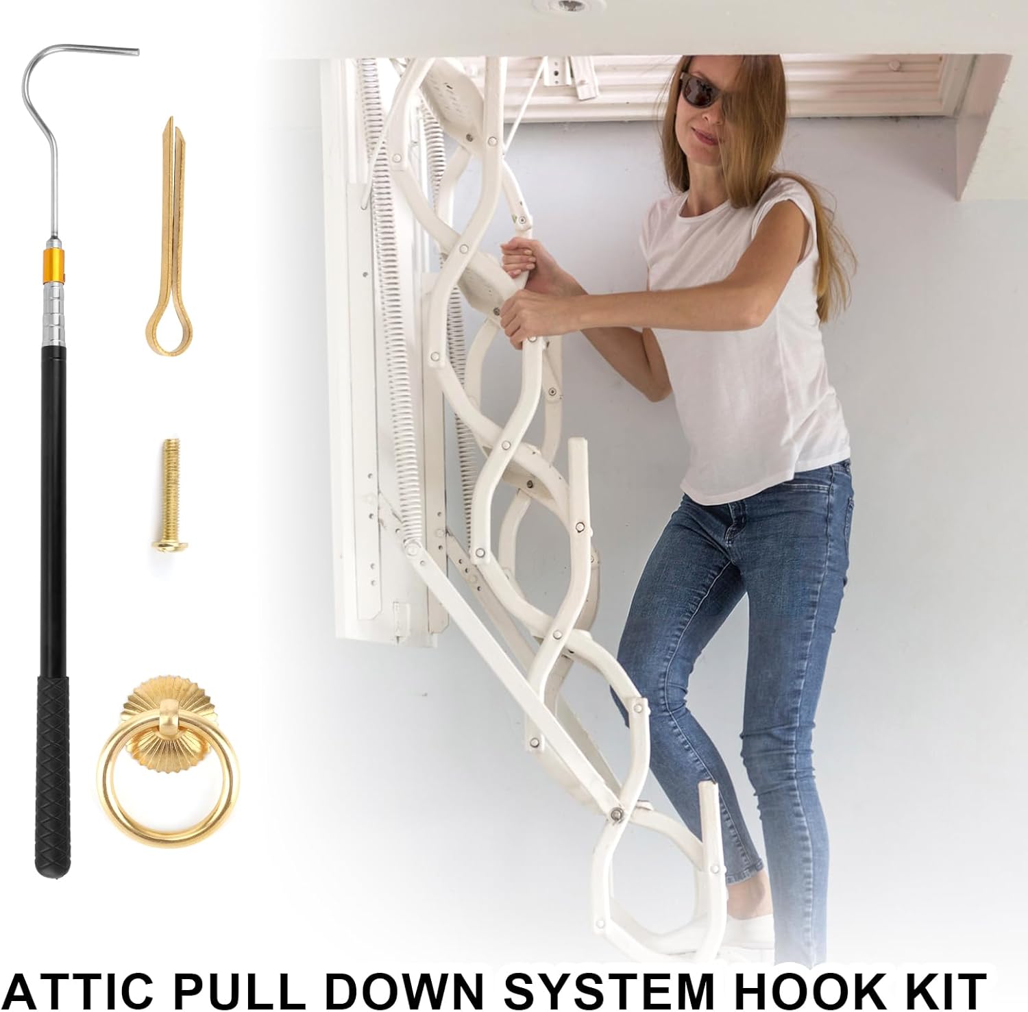 Ladder Pull Down System Kit, Attic Ladder Pull Down Pole up to 64in and Hook for Attic Pulling Down Attic Door Pull System Rod for Cabinets Dressers Drawers Cupboards