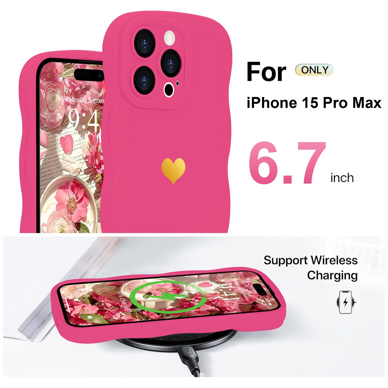 LAPOPNUT for iPhone 15 Pro Max Case,Cute Curly Wave Frame Love Heart Phone Case for Girls Women,Soft Silicone TPU Bumper Shockproof Camera Protective Cover for iPhone 15 Pro Max 6.7 inch,Hot Pink - Image 4