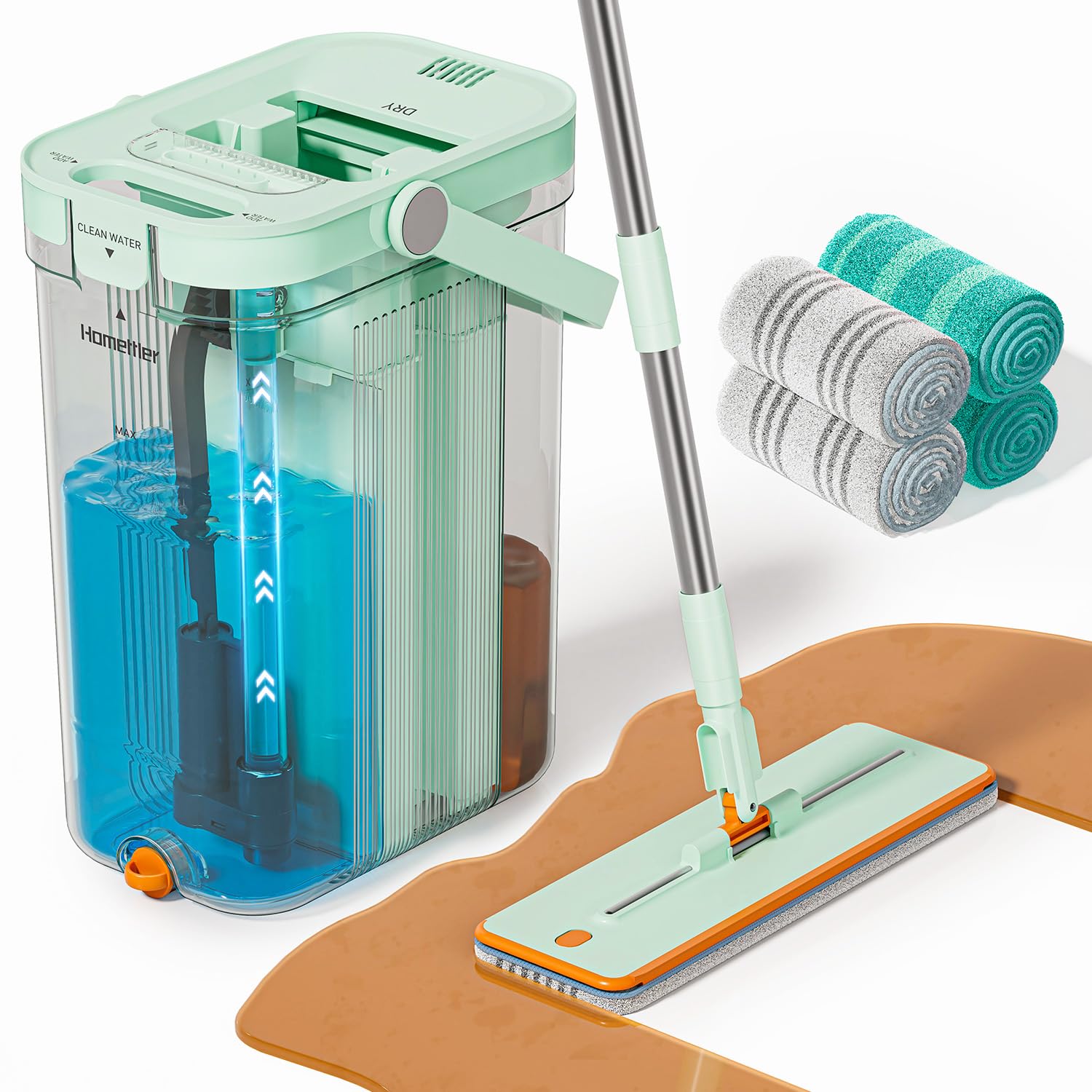 HoMettler 3-Tank Transparent Mop and Bucket Set with Separate Dirty &amp; Clean Water, 65" Flat Mop for Floor Cleaning, 4 Machine Washable Microfiber Pads for Wood Tile - Green