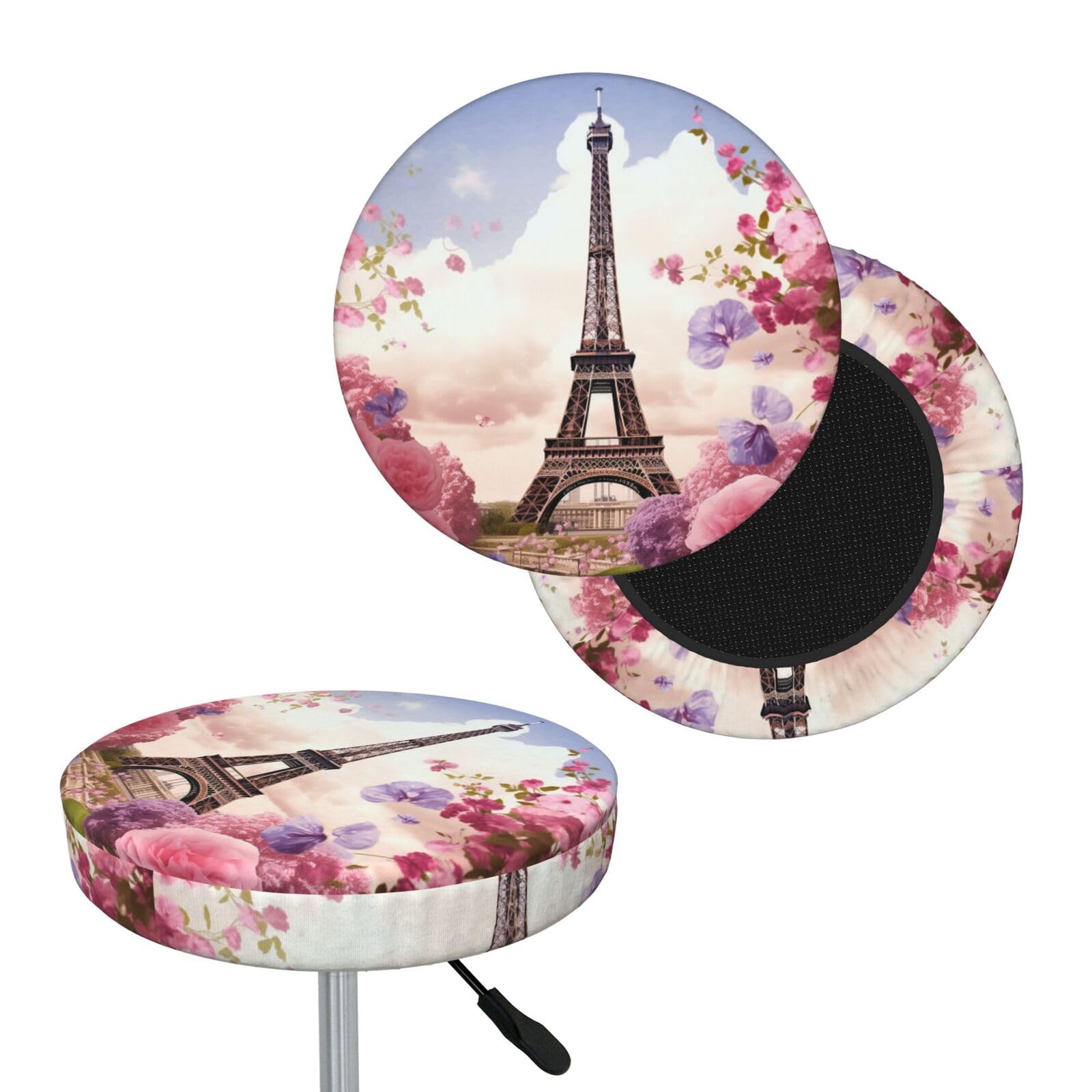 NONHAI Eiffel Tower Spring Flowers Bar Stool Cover Round Elastic Stool Cushion Covers Dustproof Bar Chair Cover Washable Stool Cushion Slipcover Stretch Stool Seat Covers for 12-14 Inch Chair
