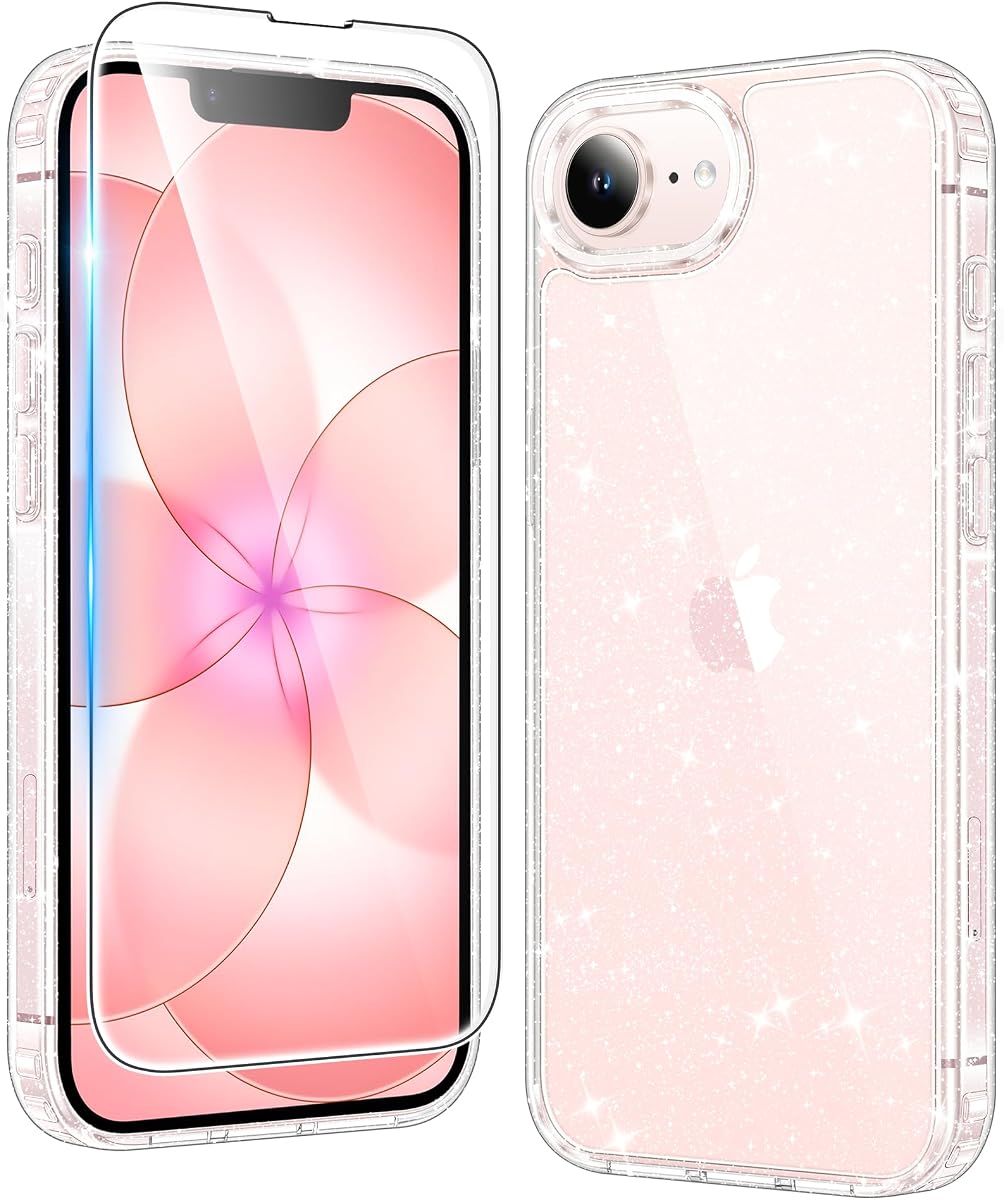 FNTCASE para iPhone 17e/16e Funda con Purpurina | Bling Sparkle Clear, antiamarilleo, transparente resistente a los arañazos, protección resistente de grado militar