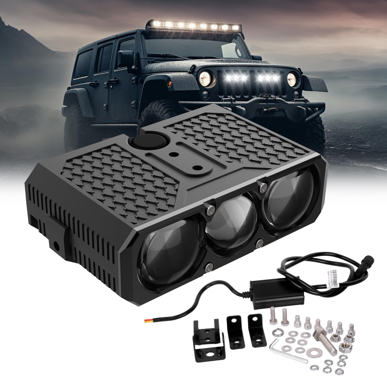 Photo 1 of QCDBEAM Three LED Grille Running Lights Projector Fog Lights with High and Low Beams, IP68 Waterproof, Suitable for Cars, Trucks, Off-Road SUVs, Pickups, Motorcycles