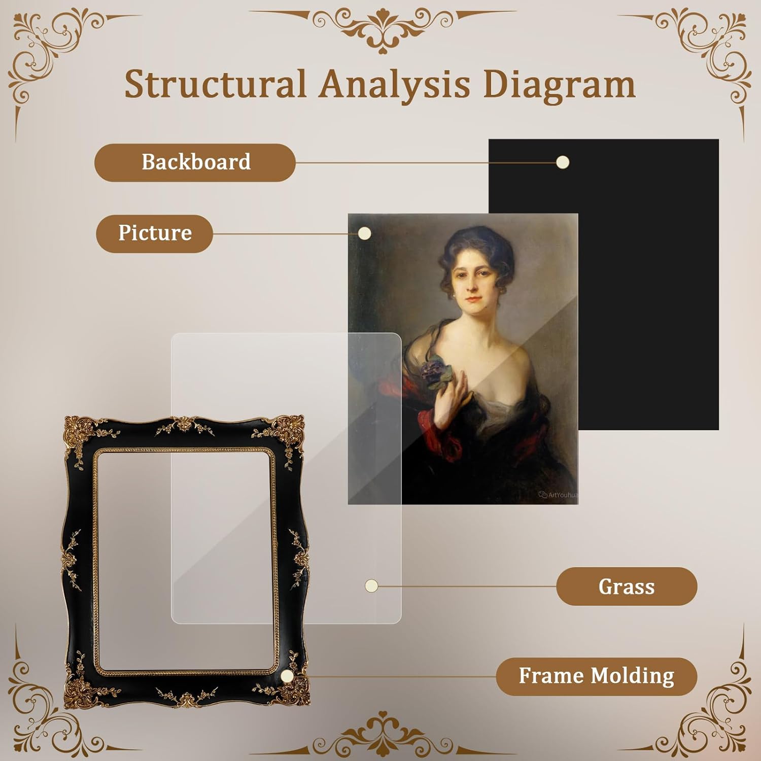 8x10 Resin Picture Frames Embossed Vines Design Photo Frame with Easel & Hook Picture Hanging Kit with Glass Front for Tabletop & Wall Hanging Vintage Room Home Decor (Black)