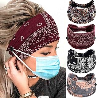 Button Headband Wide Nurse Headbands with Buttons for Mask Knotted Head Band Non Slip Elastic Hairbands Turban Bohemian Headwraps Workout Yoga Sports Hair Scarfs Mask Ear Saver Hairband Boho Head Bands for Women and Girls 4Pcs (#7 Chic)