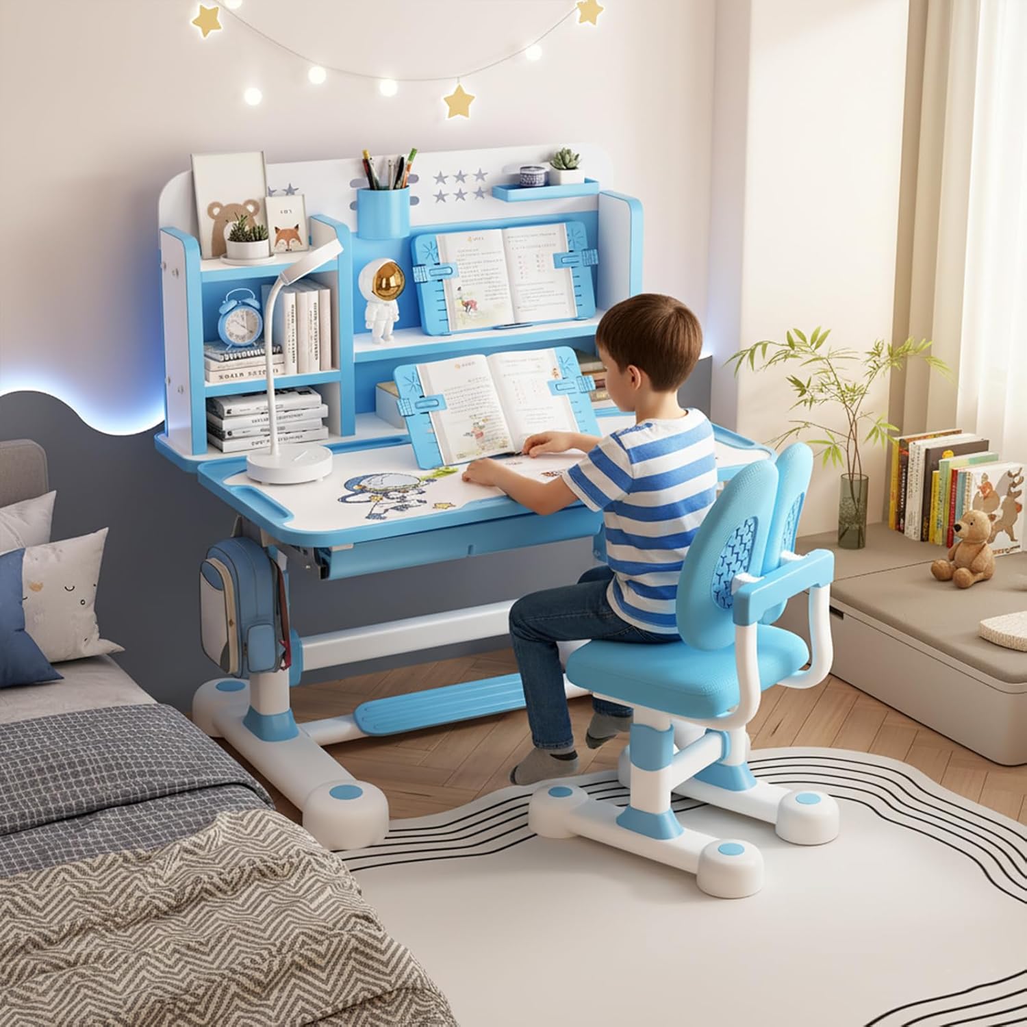 Kids Study Table and Chair Set, Height Adjustable Child's School Study Writing Tables Kids Desk and Chair Set Adjustable Art Desk for Bedroom with Large Drawer & Partition Design (Blue)