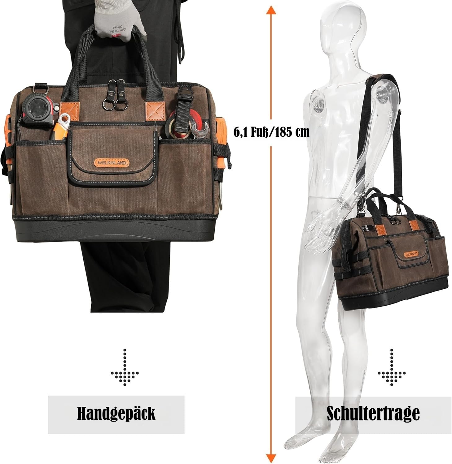 WELKINLAND Werkzeugtasche aus gewachstem Segeltuch mit 45 Fächern, 40,6 cm, robuste Techniker-Werkzeugtasche für Elektriker, hartes Bodenmaterial.