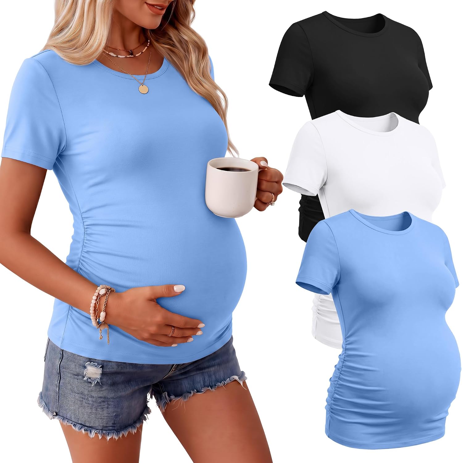 Ficerd 3 Pack Women's Maternity T-Shirts, Short Sleeve Maternity Tops Comfy Crew Neck Side Ruched Pregnancy Clothes