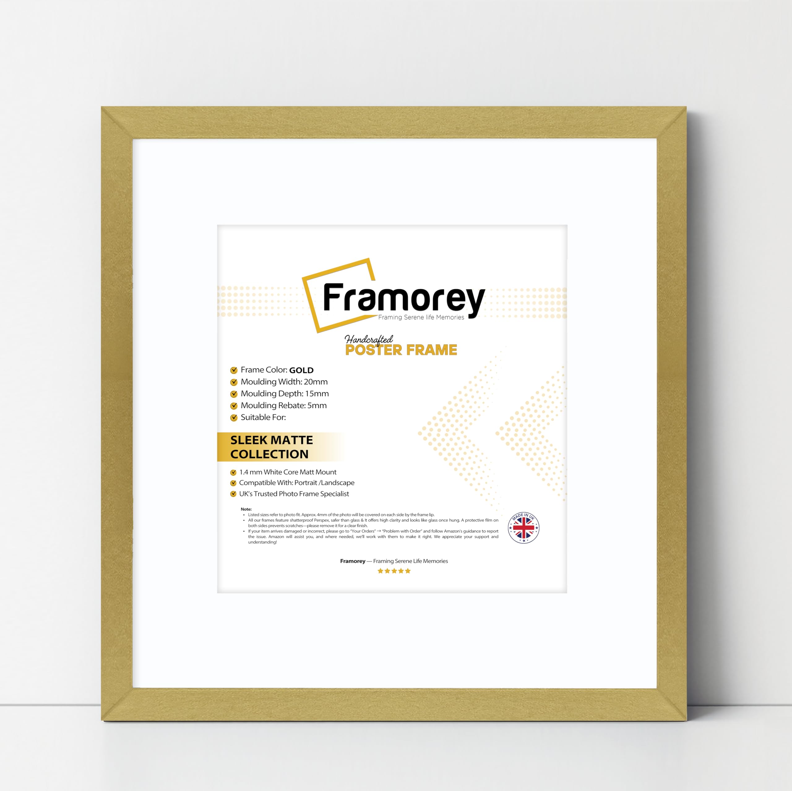 Framorey Framing Serene Life Memories Gold With White Framorey Square Size Thin Matt Photo, Handmade Flat Thin Picture Frame, 11X11" Size Gold Picture Frame With 9X9" Size White Mount, Photo Print Frames