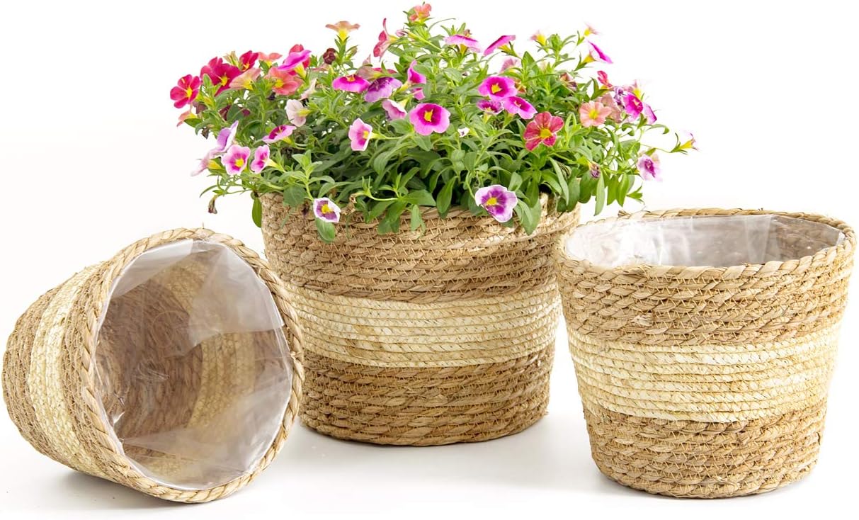 MeHome&Garden Flower Pots Outdoor Planters Natural Seagrass Planter Basket Indoor,Beige 9.8in Set of 3โฆ