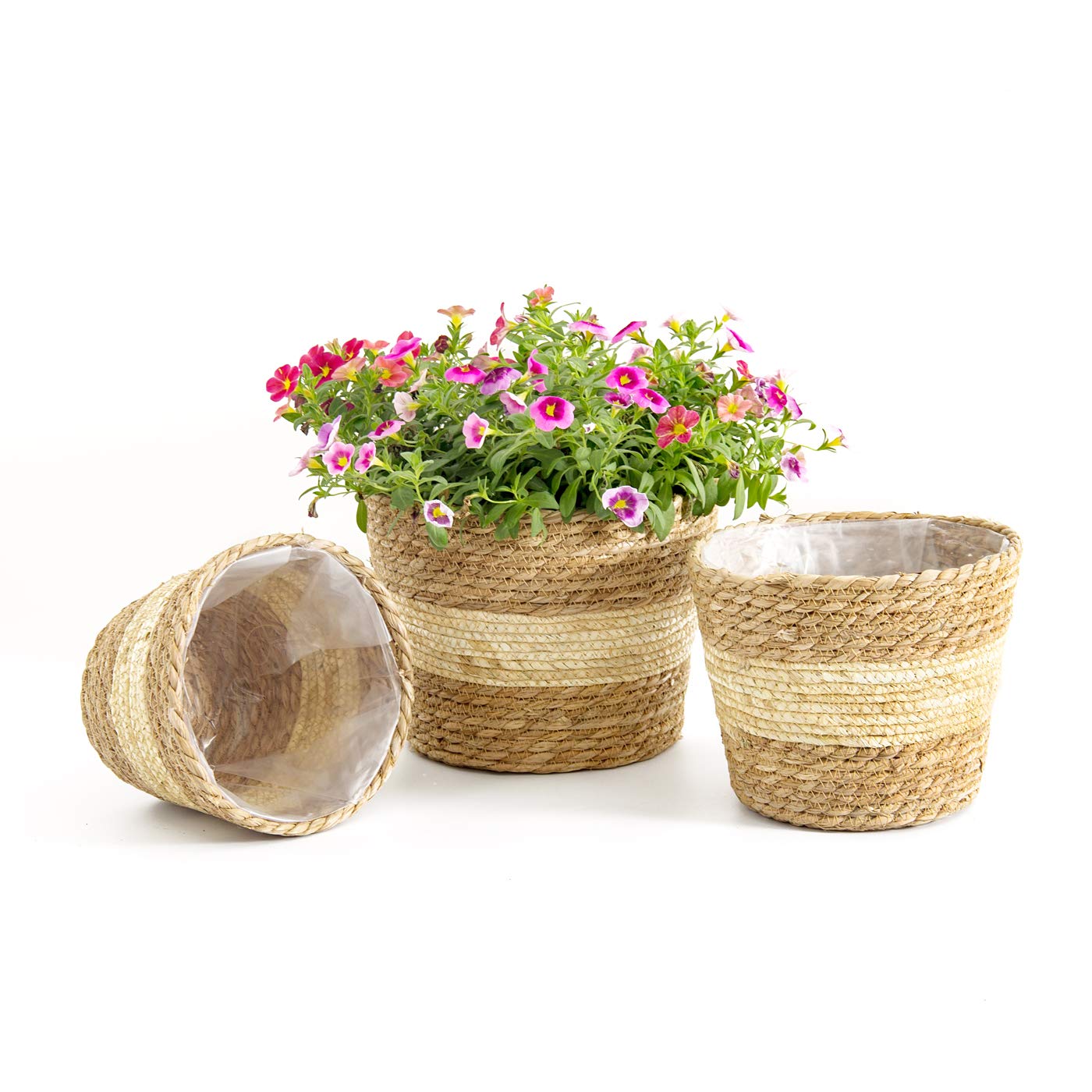 MeHome&Garden Flower Pots Outdoor Planters Natural Seagrass Planter Basket Indoor,Beige 9.8in Set of 3…