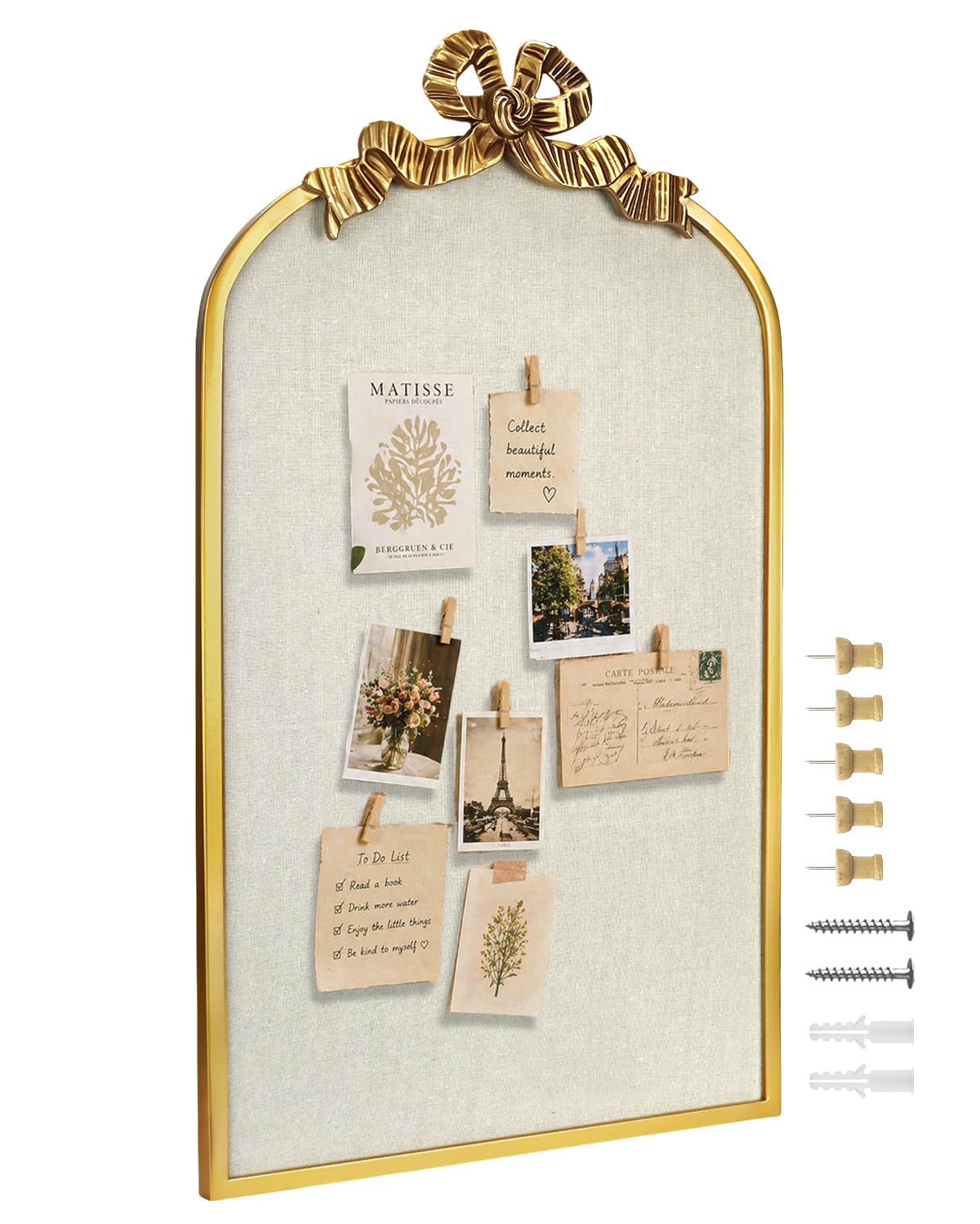 Umtiti 19" x 32" Vintage Arch Copper Frame Large Linen Bulletin Board with Bowknot for Wall Decor in Home OfficeοΌBowknot Golden-4882
