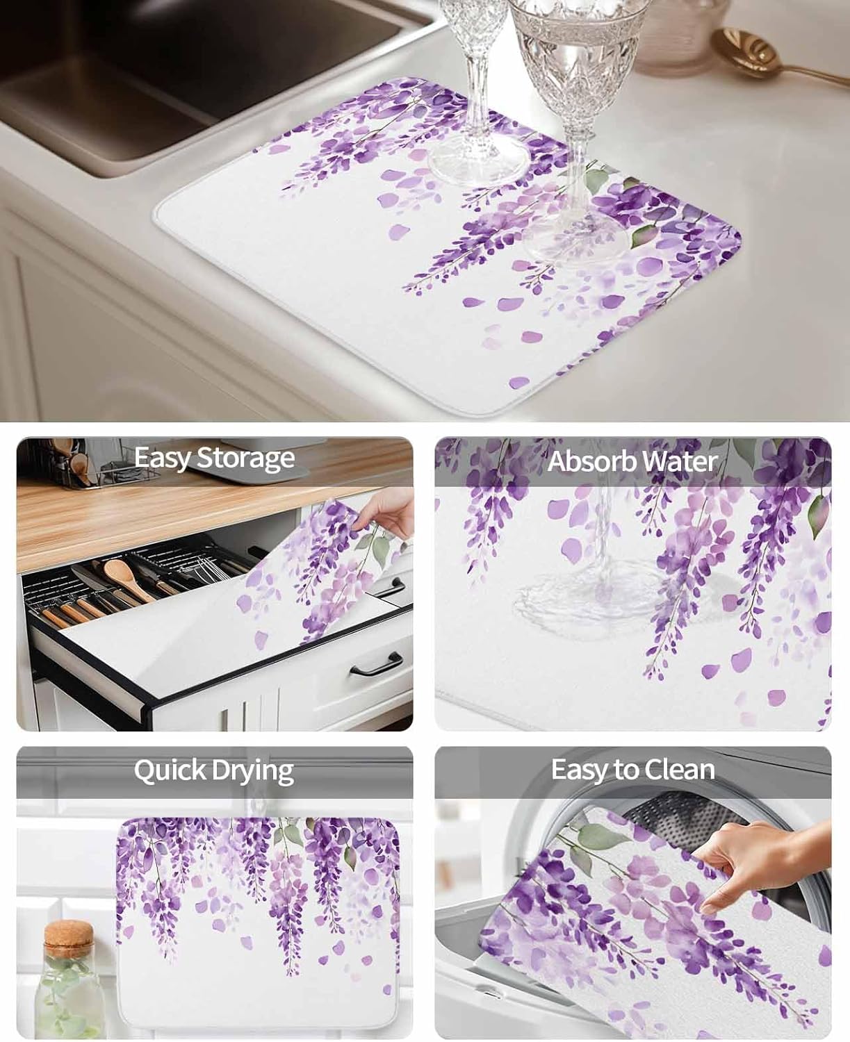 Drying Mats for Kitchen Counter 2 Pcs, Wisteria Flowers Purple Flowers Watercolor Microfiber Absorbent Dish Drainer/Rack Mat,Reversible Hangding Quick Drying kitchen Decor,18x24 Machine Washable
