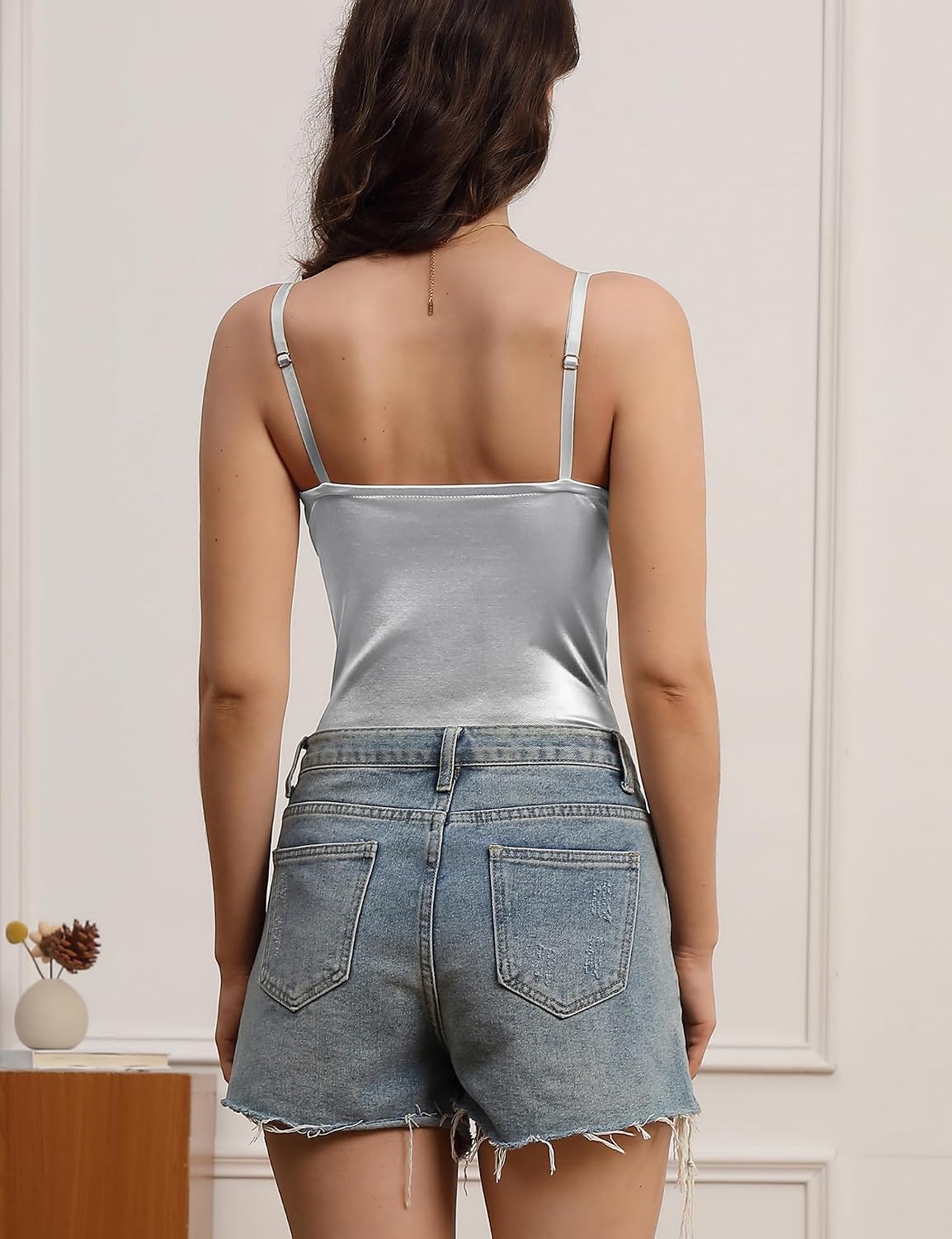 Velius Women's Sexy Metallic Shiny Bodysuit Tank Tops for Night Club Going Out