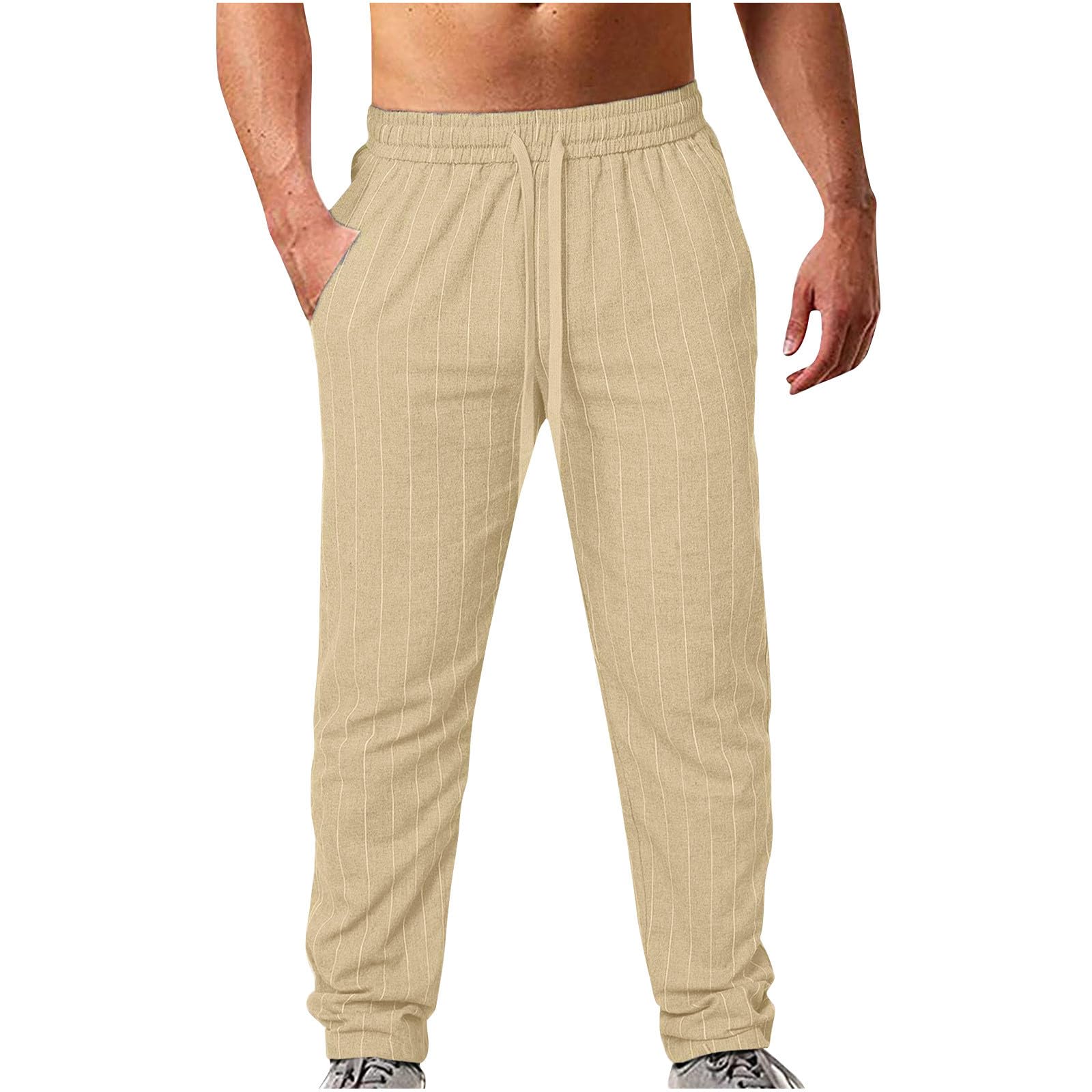 Men's Athletic Running Pants Lightweight Workout Joggers Cotton Linen Gym Sweatpants Active Sports Track Training Khaki