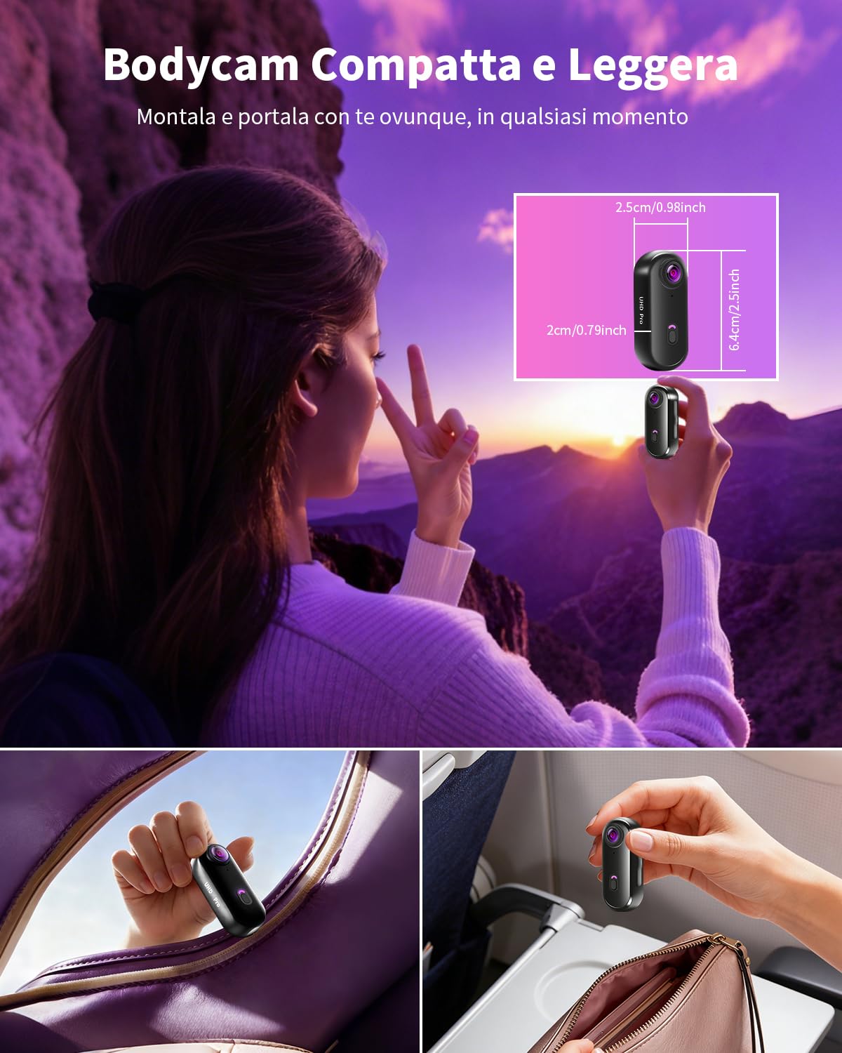 Action Cam 4K, Portatile Body Cam WiFi, 360° Telecamera Moto, POV Mini Action Camera Impermeabile 30M Videocamera da Casco per Bici, Moto, Vlog, Esterno e Animali Domestici