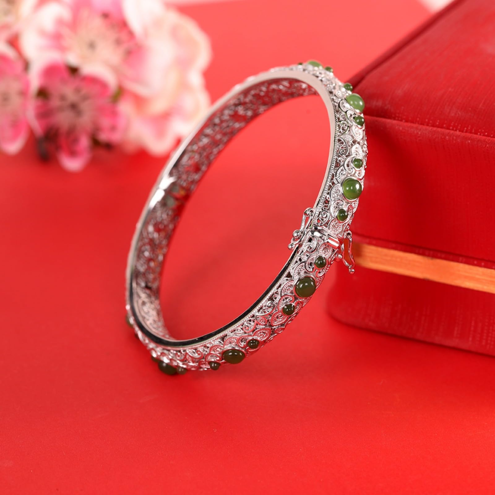 Braccialetti d'argento, braccialetti da braccialet Bracciale rigido traforato in argento sterling S925 con diaspro, artigianato tradizionale, accessorio perfetto for l'appuntamento