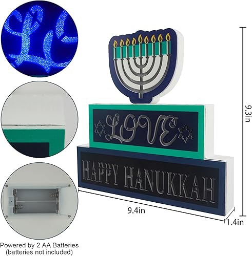 Miniatura 4 de Hanukkah - Letrero de madera con 81 luces LED, funciona con pilas, letrero de puerta de menorá de Hanukkah para centro de mesa, decoración del hogar