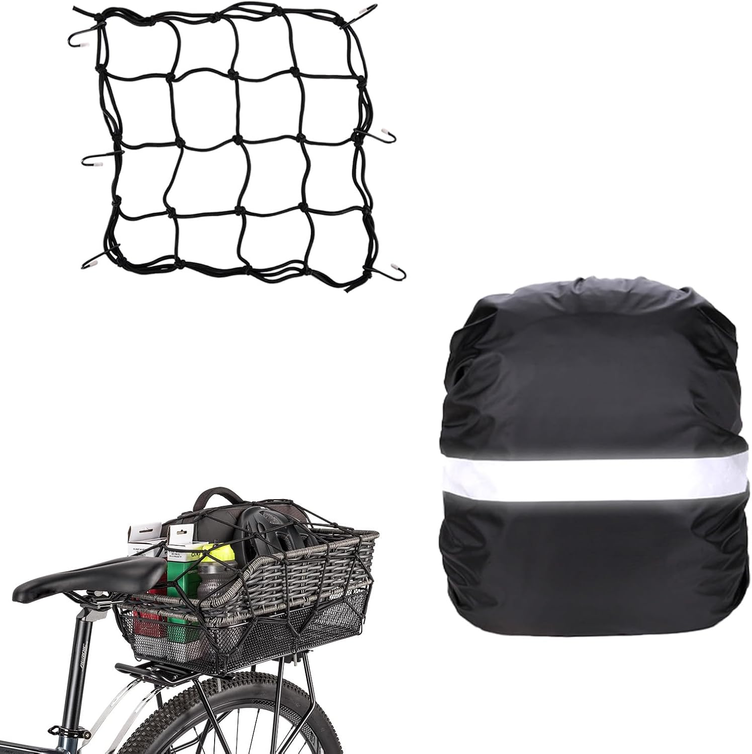 Waterproof Bike Basket Rain Cover and Bungee Cargo Net, Bicycle Basket Waterproof Rain Cover with Reflective Strip for Fits Most Bike Baskets
