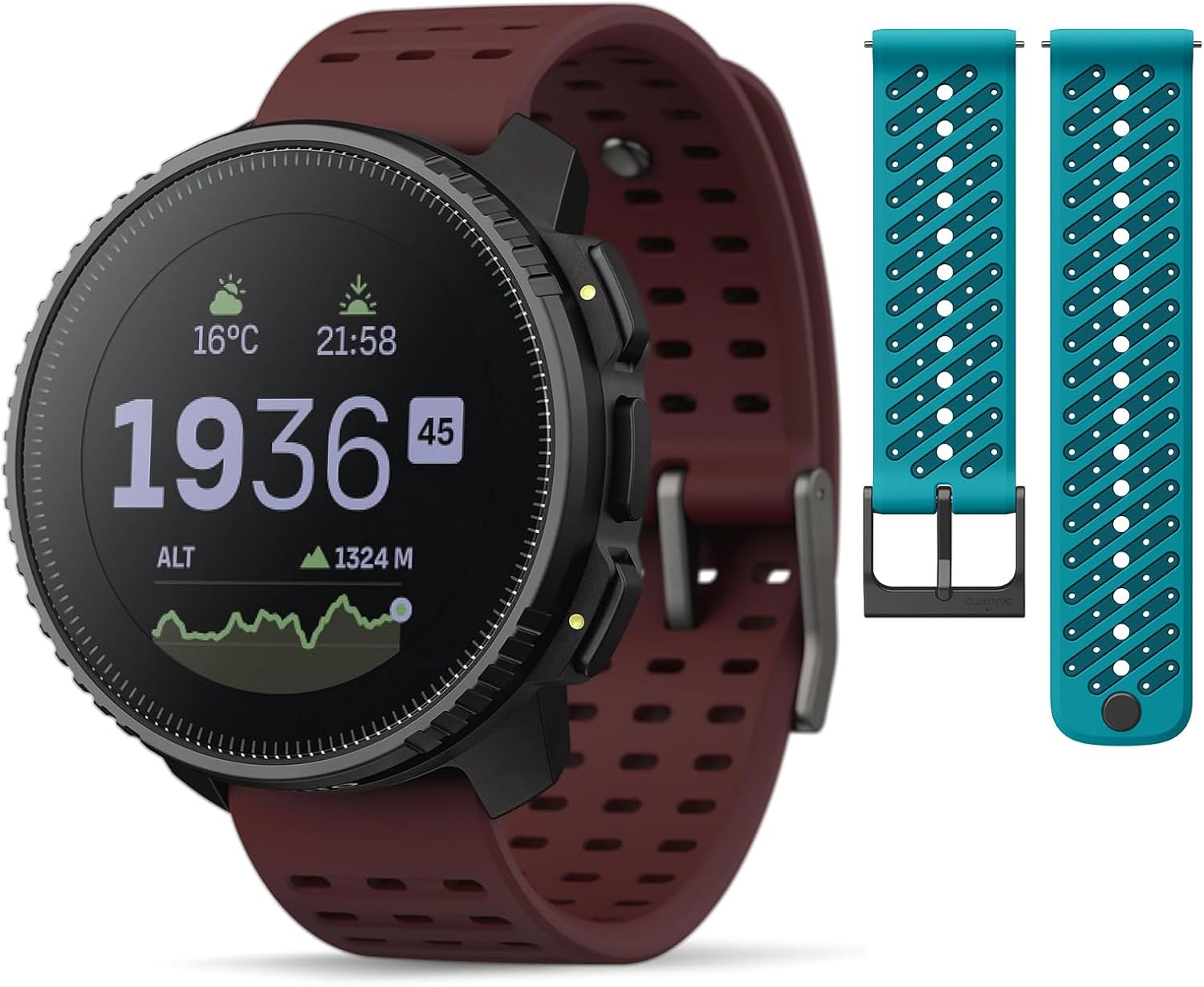SUUNTO Vertical Adventure GPS Watch w/Offline Maps Steel Ruby & SUUNTO 22 ATH8 Silicone Strap Wave Blue S+M
