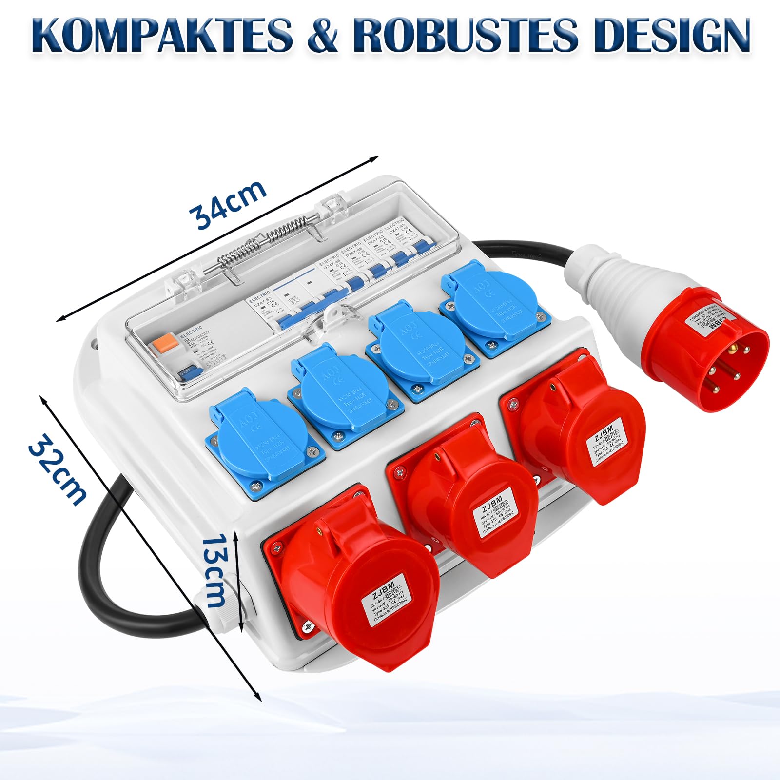 Warmfay Wandverteiler Vorverkabelt Stromverteiler, 4x 230V Schuko Steckdosen + 2x CEE 16A + 1x CEE 32A, Baustromverteiler mit FI-Schalter und LS Schalter, IP67 Wasserdicht Gehäuse für Innen und Außen