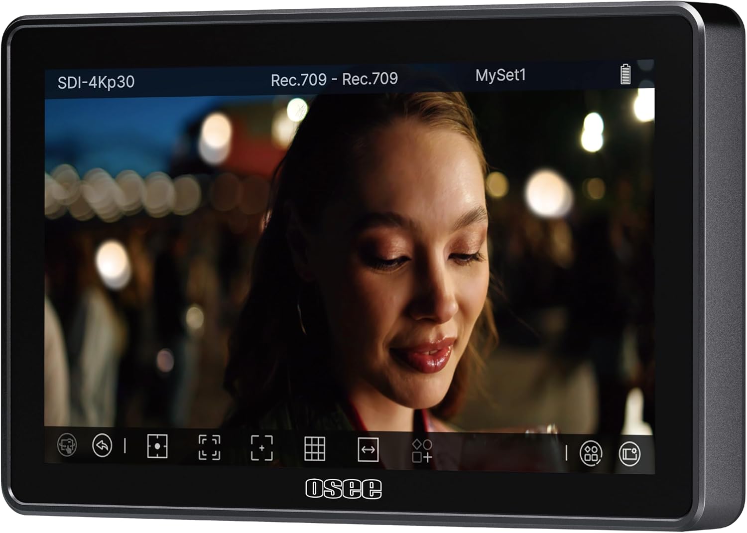 Osee G7 Pro monitor displaying a video feed with UI elements