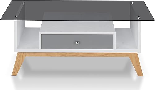 HOMES Inside + Out Raynaldo Mid-Century - Mesa auxiliar moderna de 1 cajón con estantes abiertos, patas cónicas en ángulo y mesa de cristal, 47