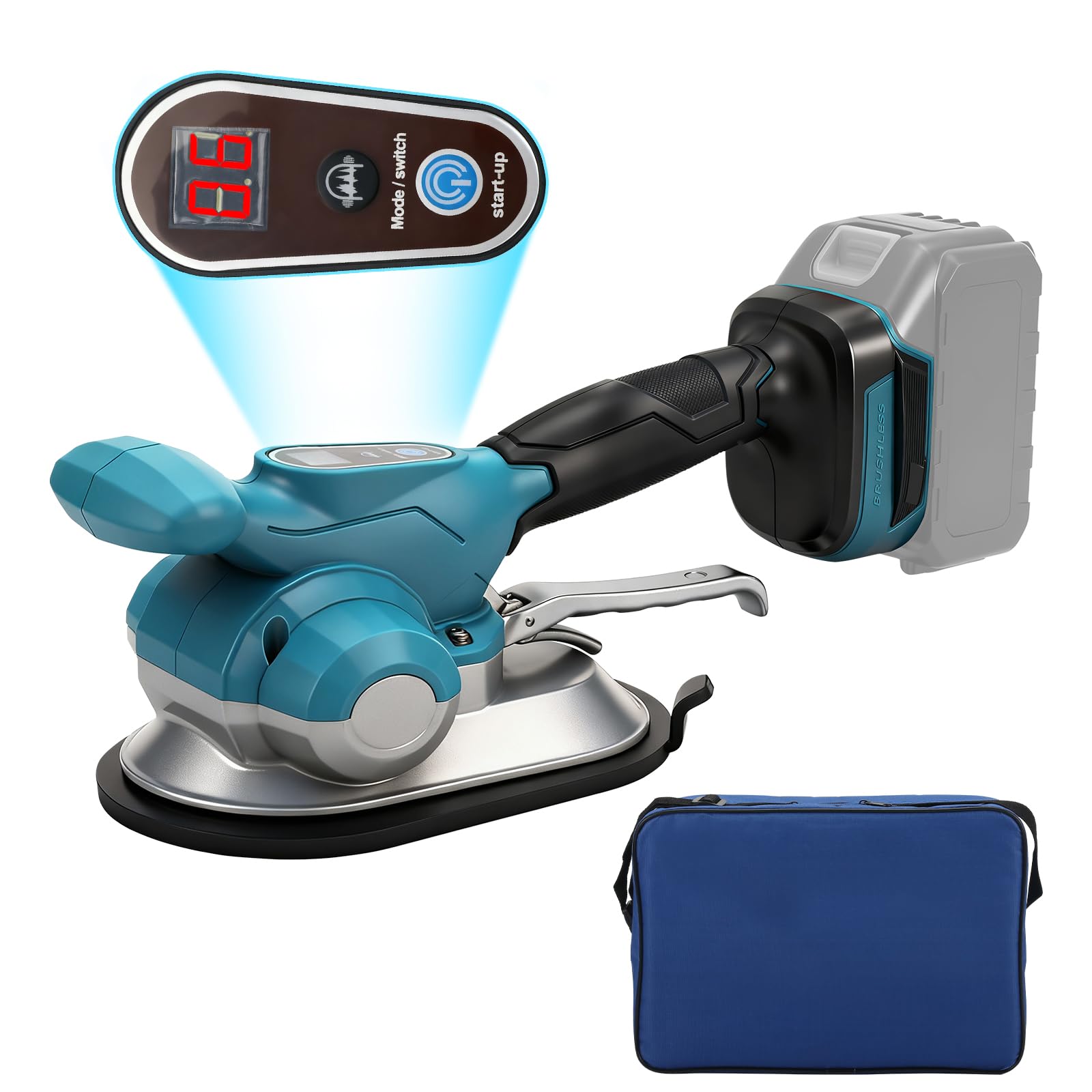 Vibrador de azulejos con batería, compatible con batería Makita de 18 V (sin batería incluida), colocador de azulejos con 6 marchas ajustables, ventosa de 20 cm, fuerza de sujeción de 200 kg, pantalla