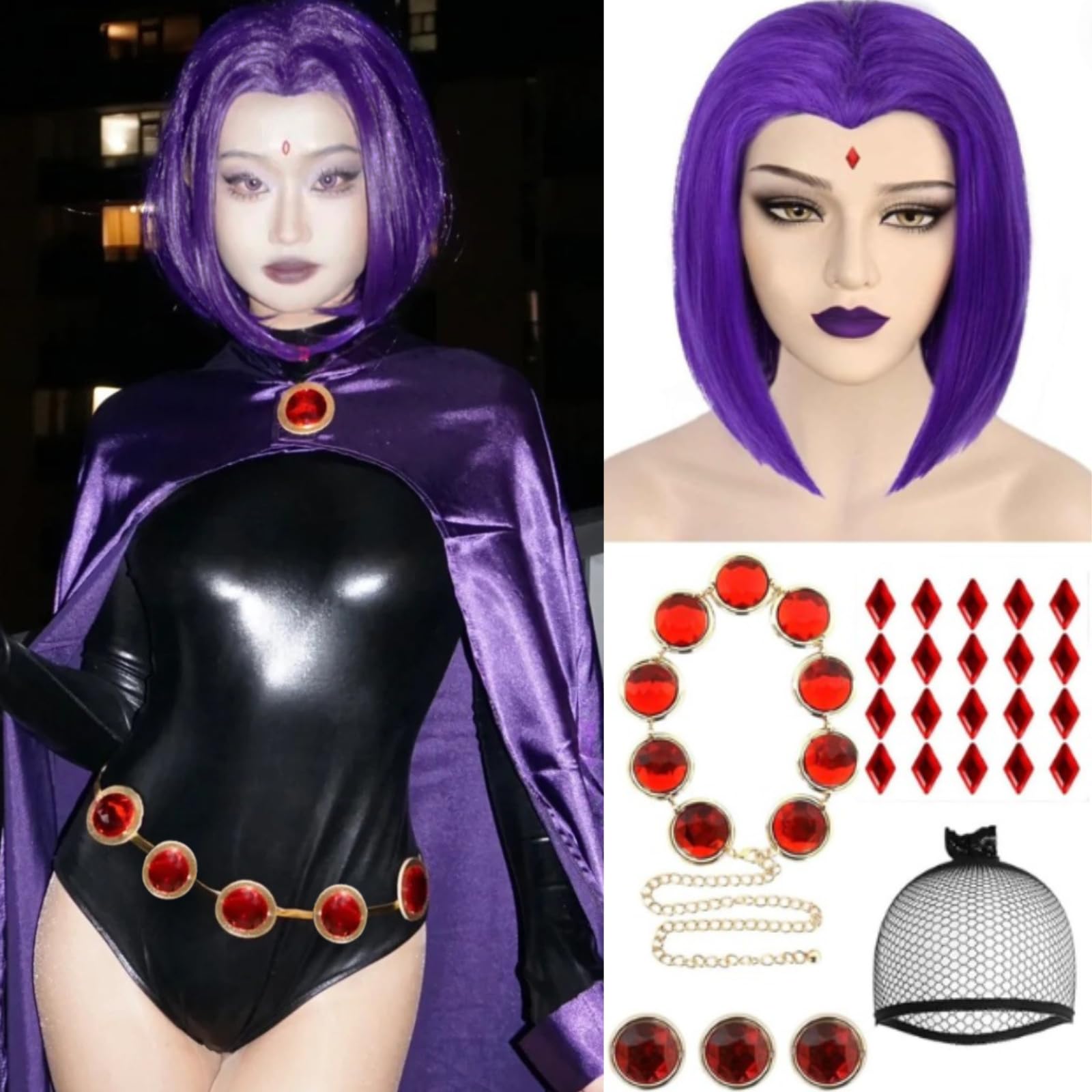 JoneTing 7Pcs Short Purple Wig【+Hair Cap +Accessories Set】 Dark Purpling Wigs for Women Short Purple Bob Hair for Cosolay Party Peluca Morada Purpled