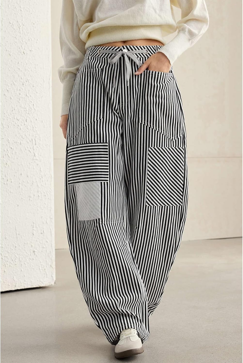 HOULENGS Womens Striped Barrel Jeans Casual Loose Straight Wide Leg Baggy Pants Drawstring High Waist Sweatpants with Pockets