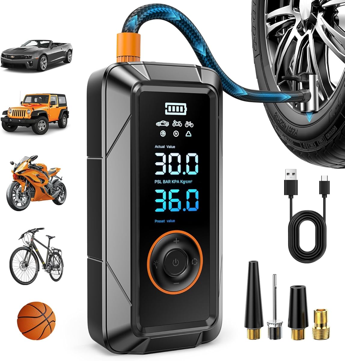 Tire Inflator Portable Air Compressor, Cordless & 12V DC Air Inflator for Car Bikes MotorcycleTires Balls with Auto Shut-Off, Digital Pressure Gauge, Compact Emergency Pump