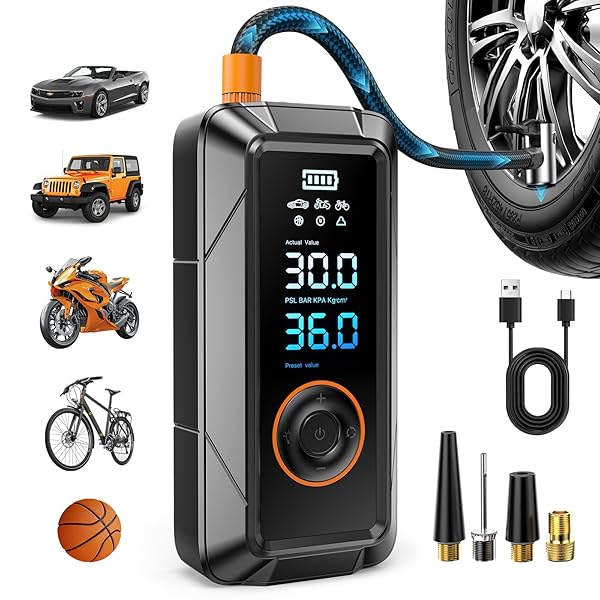 Tire Inflator Portable Air Compressor - Cordless & DC Inflation 4X Faster 150 PSI Portable Pump for Cars Bikes Motorcycles Balls with Pressure Gauge Auto Shutoff Function Air Compressor Tires Pump
