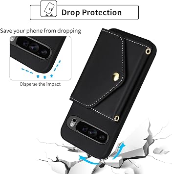 財布ケース Google Pixel 9/9 Pro 5G リストランヤード付きショルダーストラップスリムフリップパース、PUレザークレジットカードホルダースタンドアクセサリー 携帯電話カバー Pixel9 9Pro Nine用 レディース メンズ ブラック