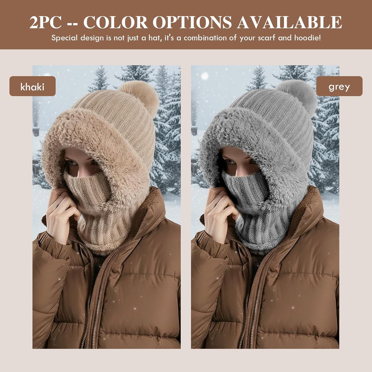 3 In 1 Hat With Scarf and Mask, Winter Hats for Women,Womens Knit Hat Fleece Lined Winter Scarf Mask Set Snow Caps - Image 5