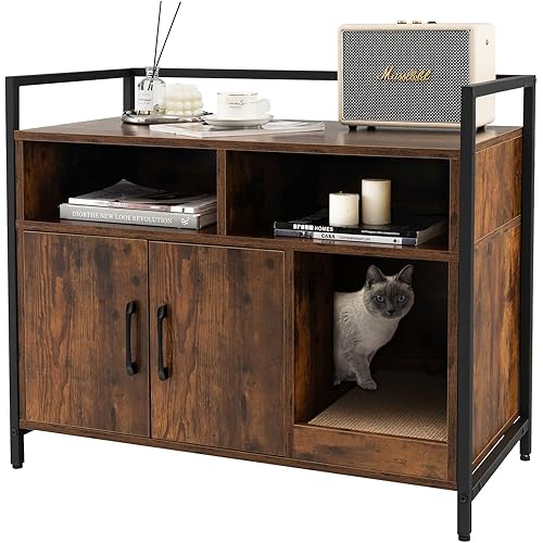 Giantex Cat Litter Box Enclosure - Cat Washroom Hidden Furniture with Front Entry, Scratcher, 2-Door Storage Cabinet, 2 Compartments, Air Vents, Metal Frame, Wooden Pet Crate House (Rustic Brown)