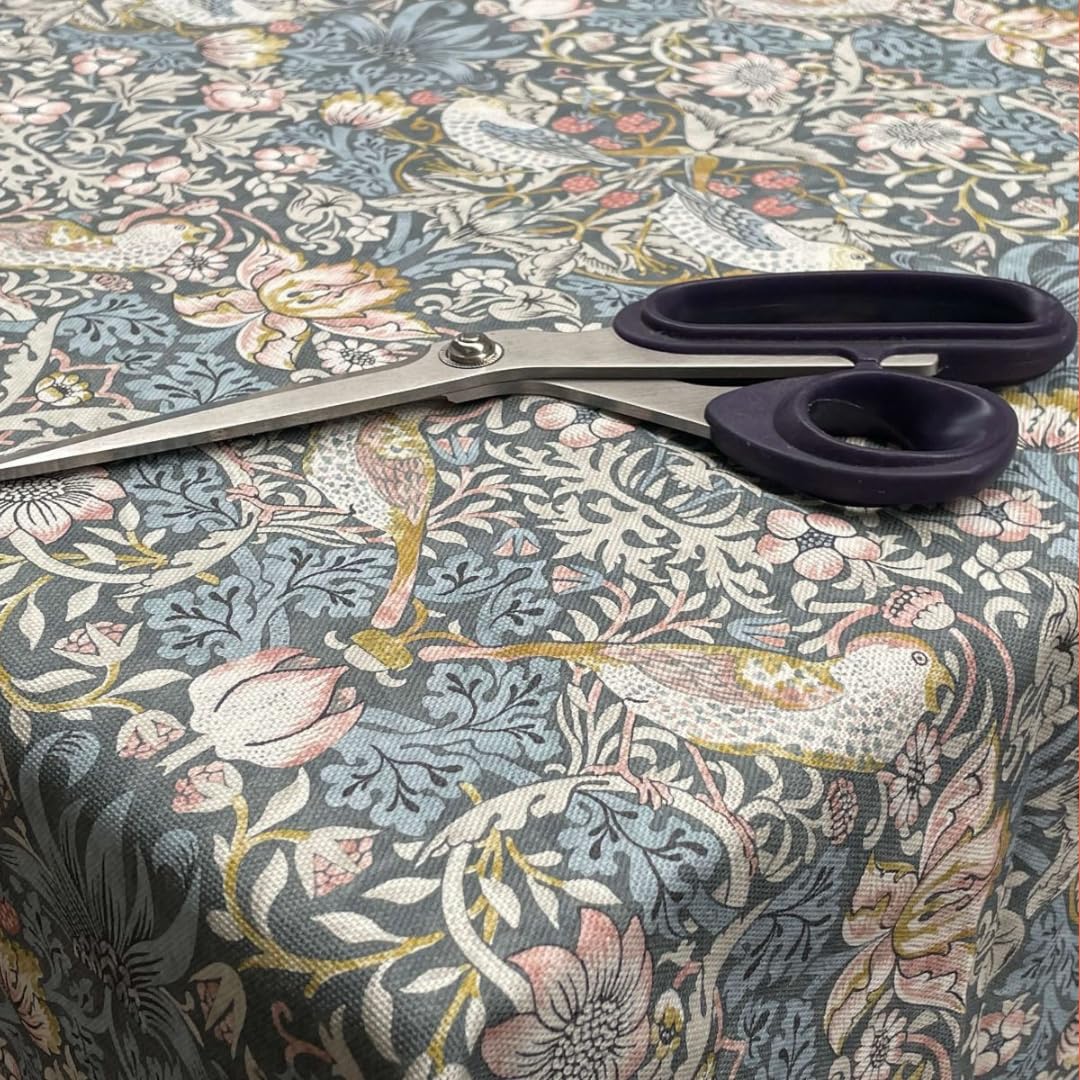 William Morris Oilcloth PVC Table Cloth with BIAS BINDING HEMMED EDGING Matte Finish, Wipe Clean Table Cloth Protector (Strawberry Thief in Grey, 132cm x 350cm Rectangle (BB))