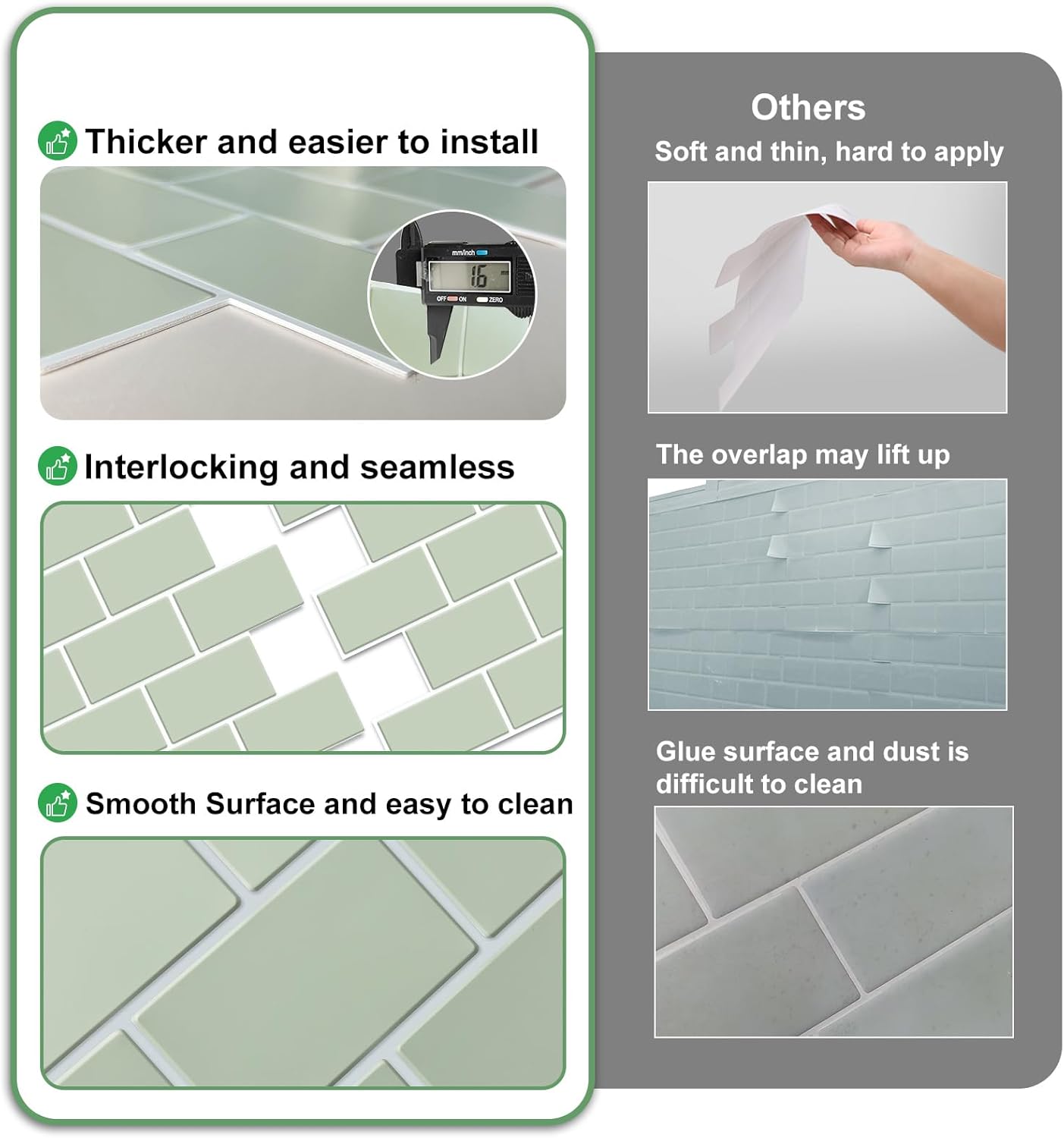 Alwayspon 10 Sheets 10"x10" Sage Green 3D Vinyl Backsplash Marble Tiles, Self-Adhesive Peel and Stick Wall Tile Stickers Stick on Subway Tiles for Kitchen Bathroom Wall, 129