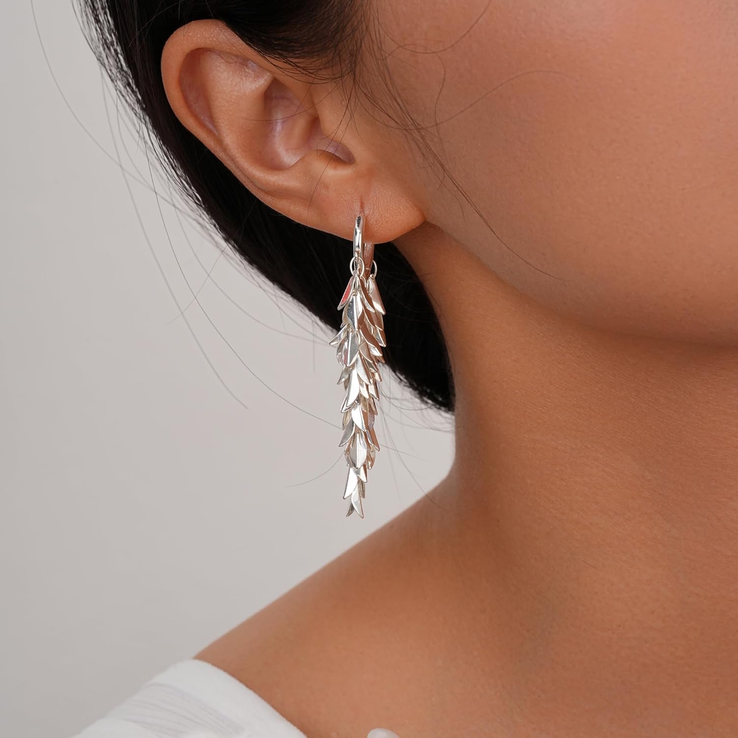 14K 18K Gold Plated Chandelier Earrings for Women, Long Tassel Earring Huggie, Silver Leaf Dangle Drop Earrings, Dainty Bohemian Jewelry Gifts for Wedding Everyday Wear - Image 3